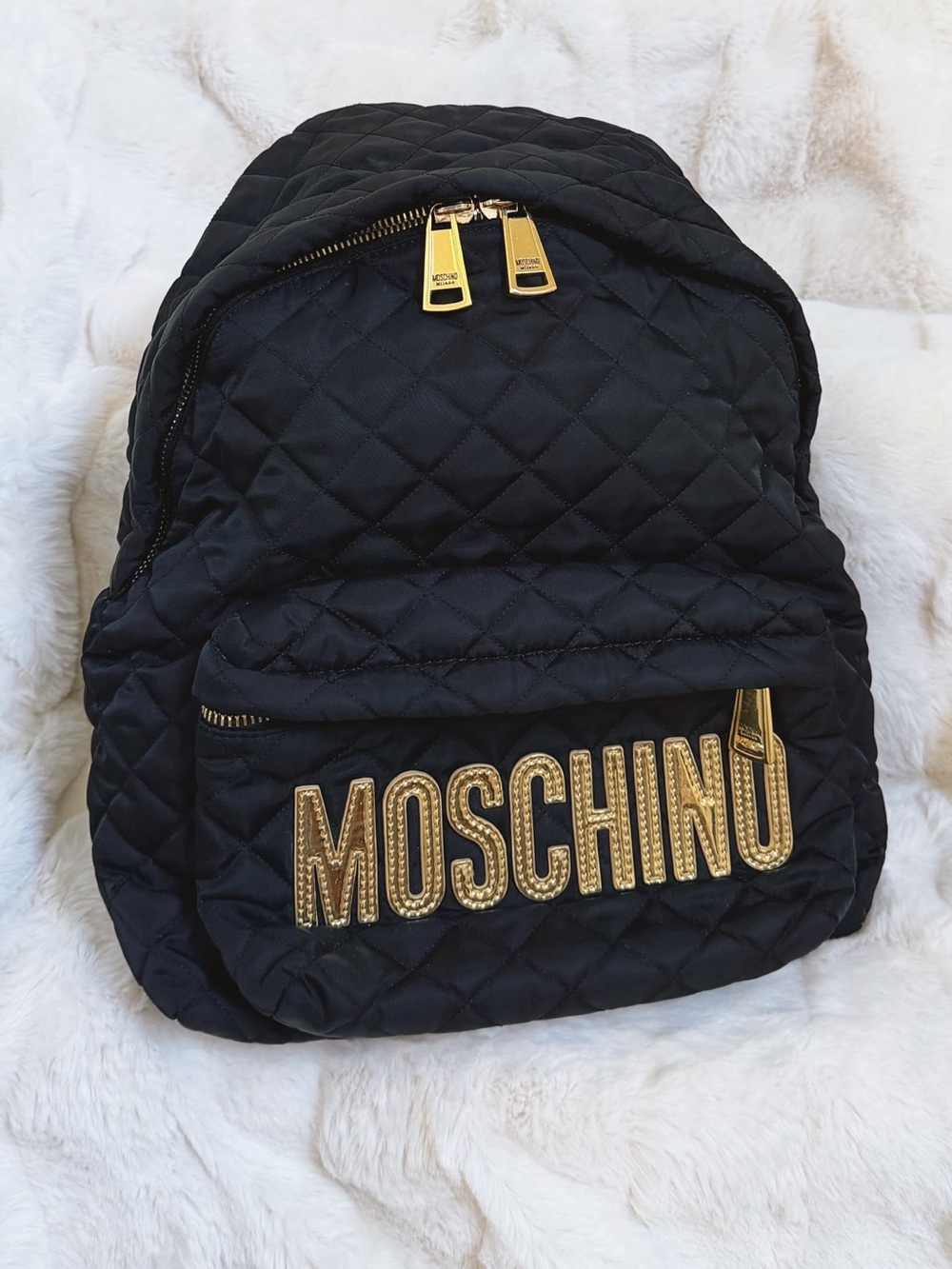 Moschino Black Quilted Backpack with Gold Logo